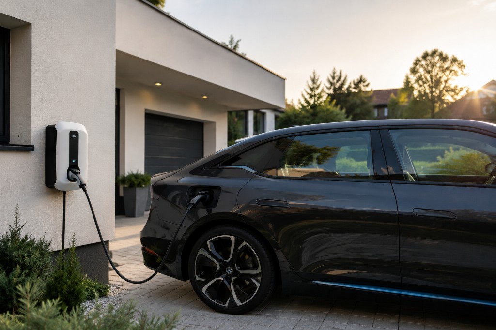 Borne de recharge à domicile alimentant une voiture électrique au coucher du soleil